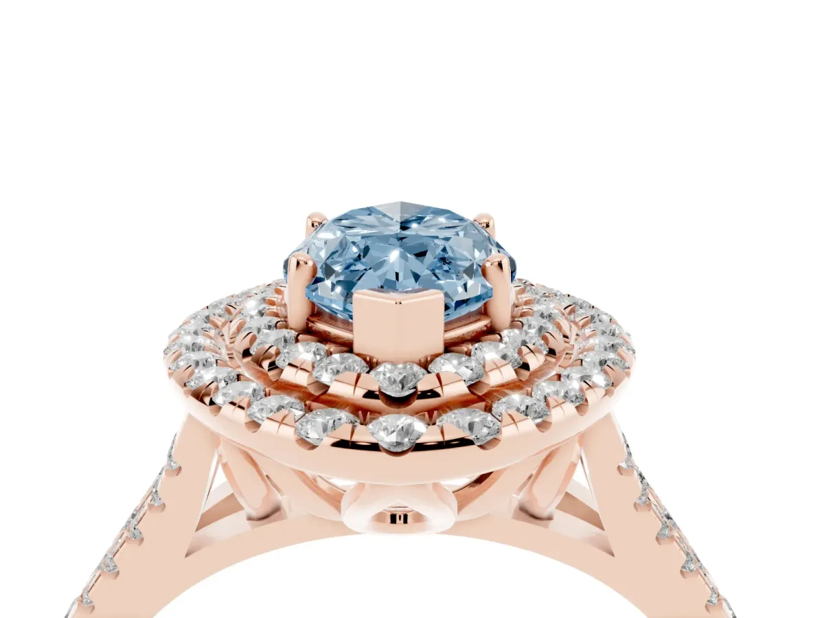 Fancy Blue Double Halo Marquise Cut Diamond Pavé Split Shank Ring with Prong Setting Rose gold