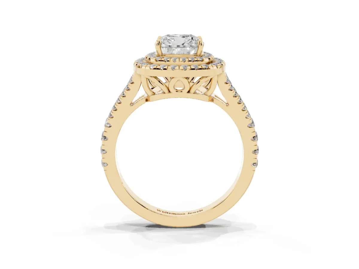 Cushion Cut Diamond Double Halo Ring with Pavé Band and Prong Setting Yellow gold
