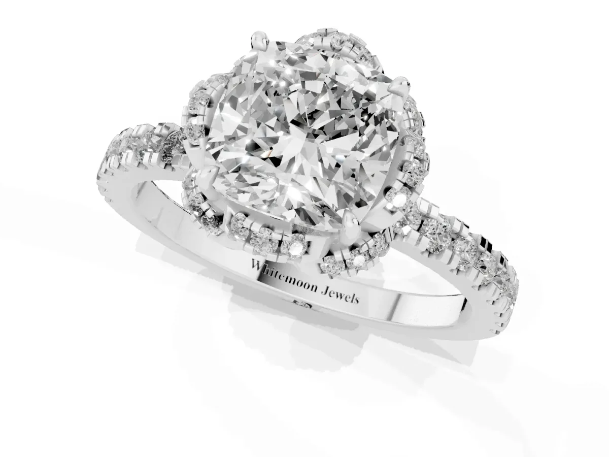 Cushion Cut Halo Diamond Pave Band Ring with Four-Prong Setting Silver