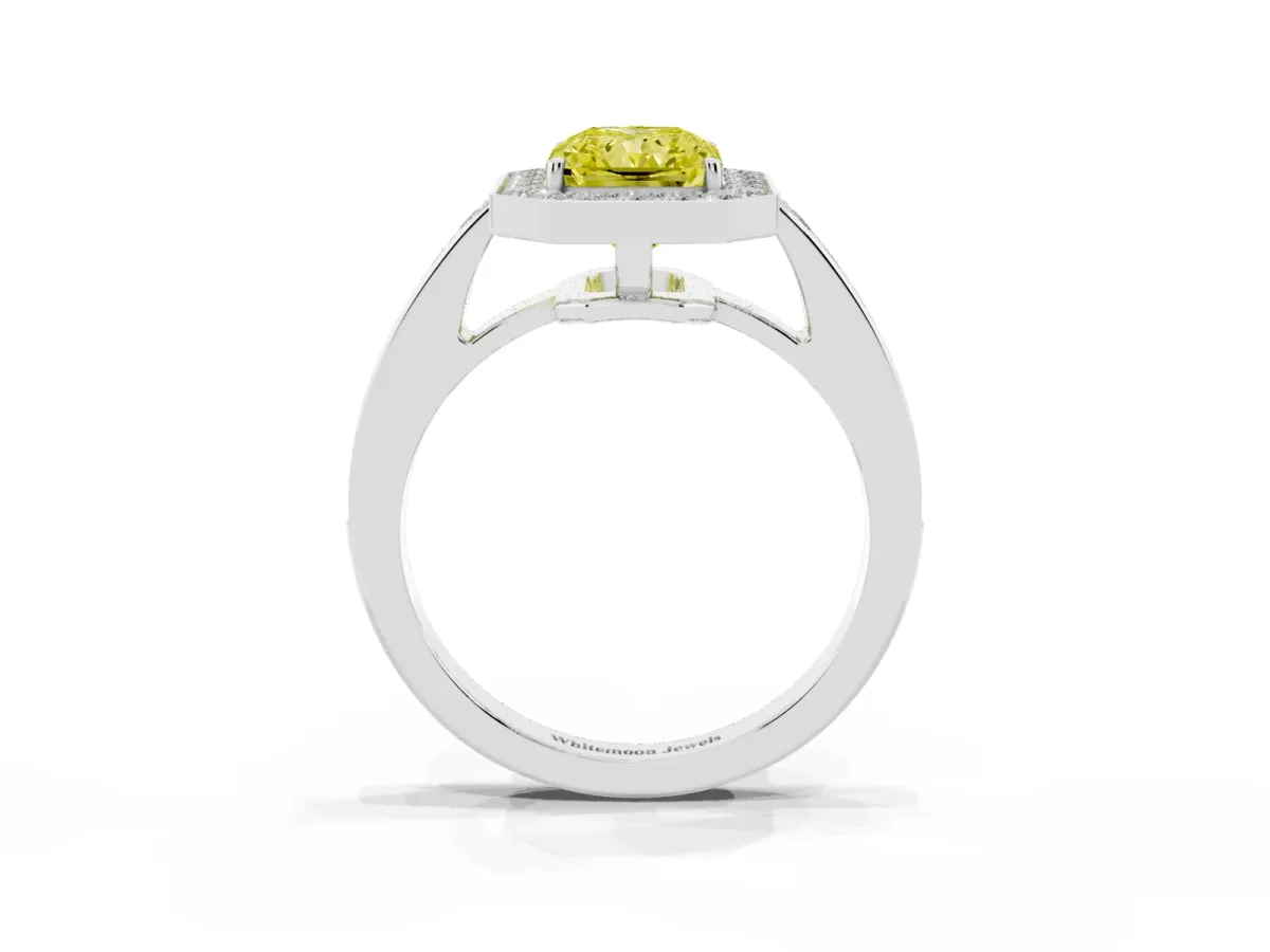 Fancy Yellow Radiant Cut Halo Pavé Diamond Engagement Ring with Bezel Setting Silver