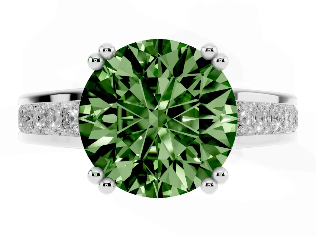 Fancy Green Round Cut Cut Channel Set Solitaire Engagement Ring with Prong Setting Platinum