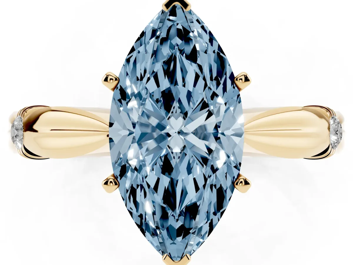 Fancy Blue Marquise Cut Solitaire Diamond Twisted Band with Four-Prong Setting Yellow gold
