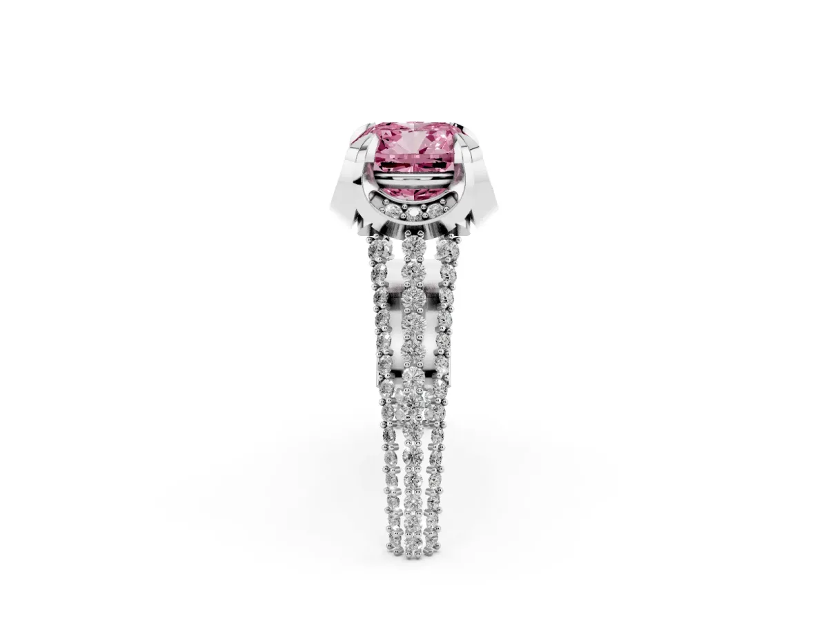 Fancy Pink Cushion Cut Solitaire Pave Split Shank Ring with Four-Prong Setting Silver