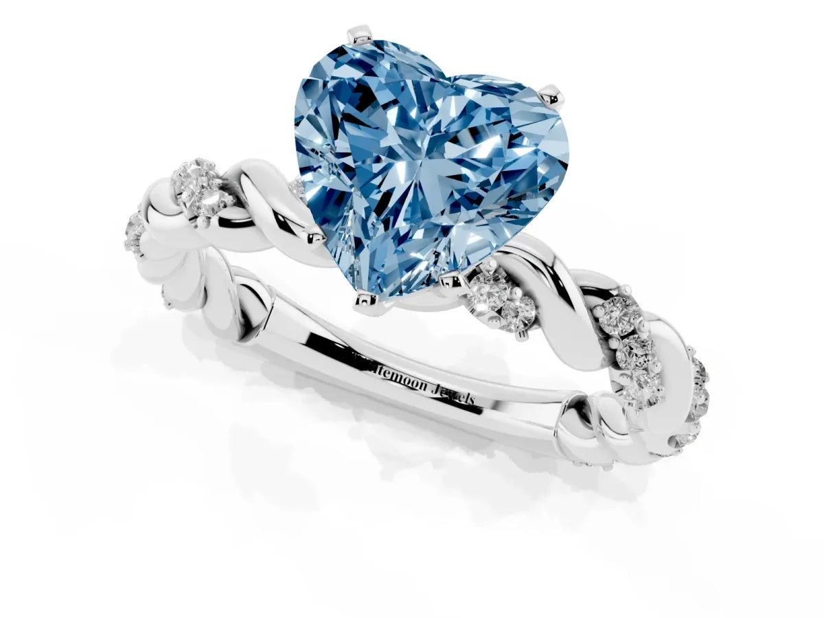 Fancy Blue Heart Cut Diamond Solitaire Ring with Twisted Band and Pavé Accents Silver