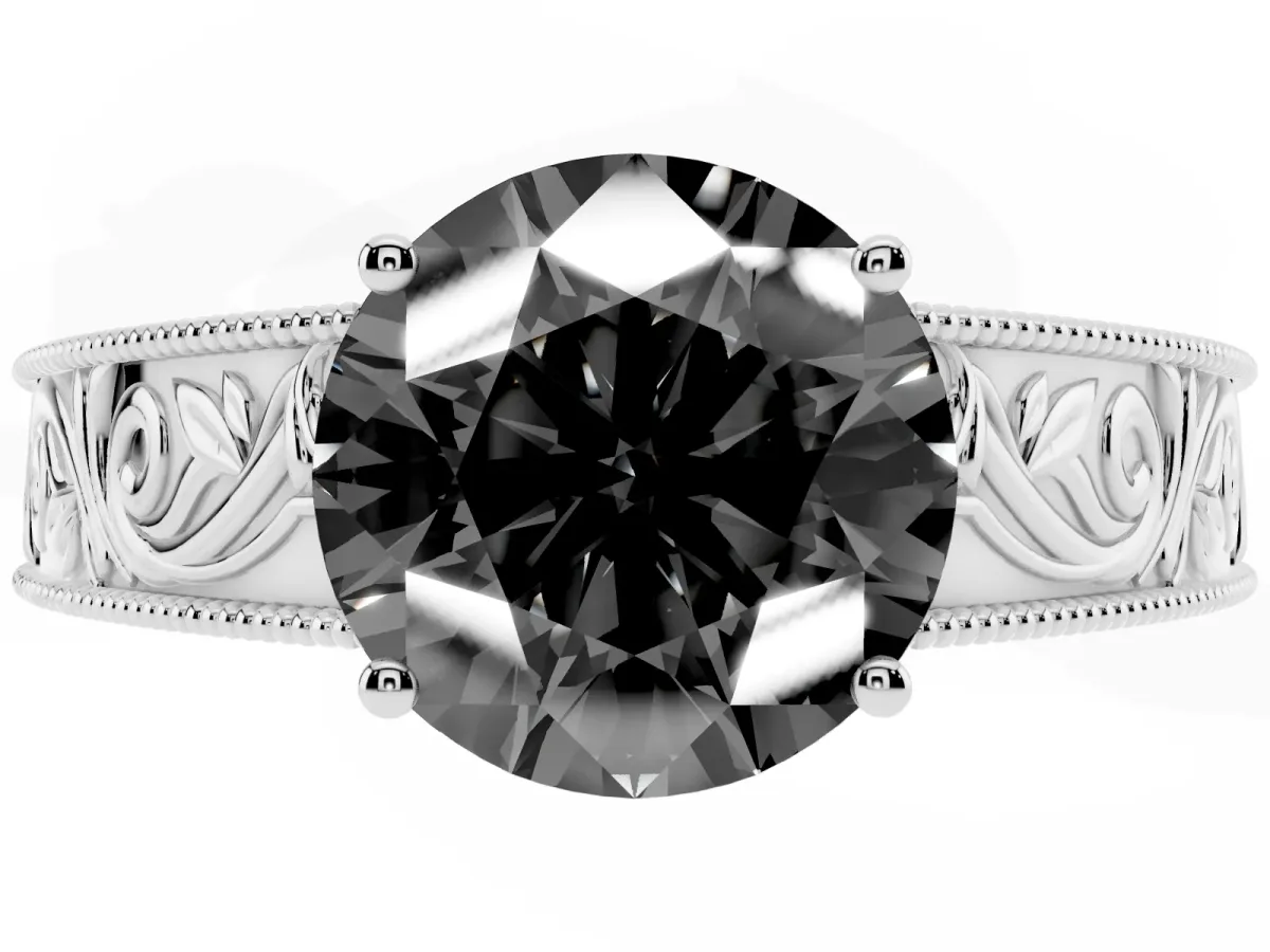 Fancy Black Round Cut Diamond Solitaire Ring with Engraved Band and Four-Prong Setting White gold