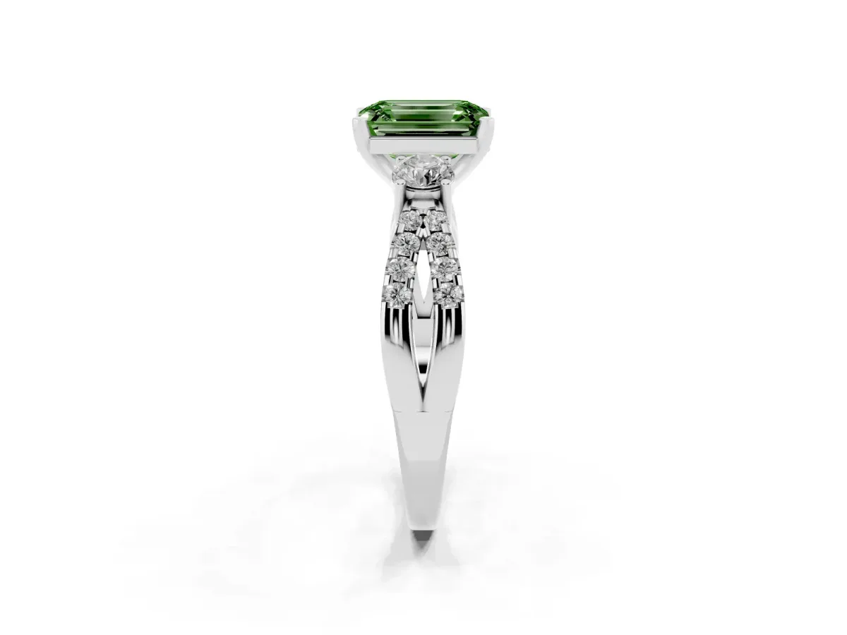 Fancy Green Emerald Cut Diamond Three-Stone Ring with Pavé Split Shank and Four-Prong Setting Silver