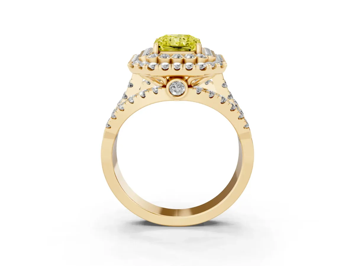 Fancy Yellow Radiant Cut Diamond Double Halo Ring with Round Pavé Split Shank and Prong Setting Yellow gold