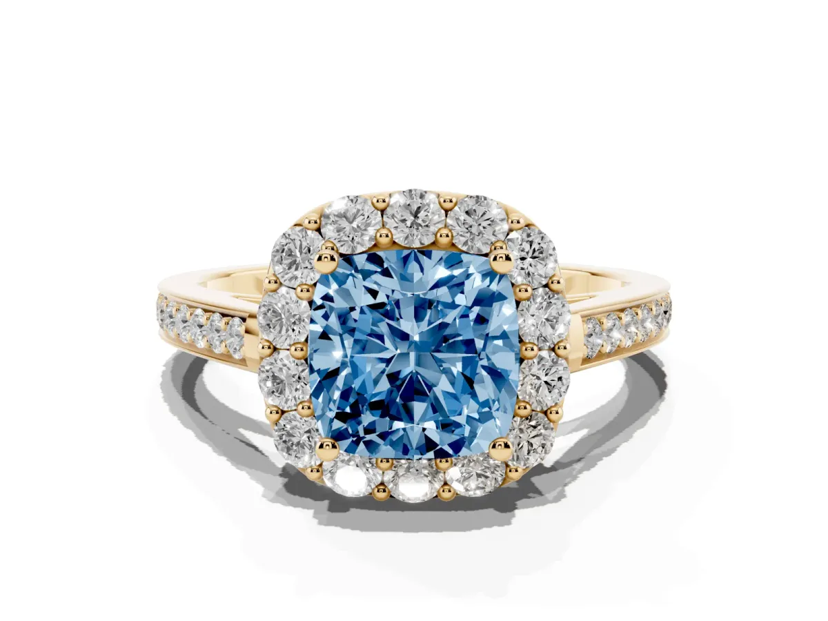 Fancy Blue Cushion Cut Diamond Floral Halo Ring with Pavé Band and Prong Setting Yellow gold