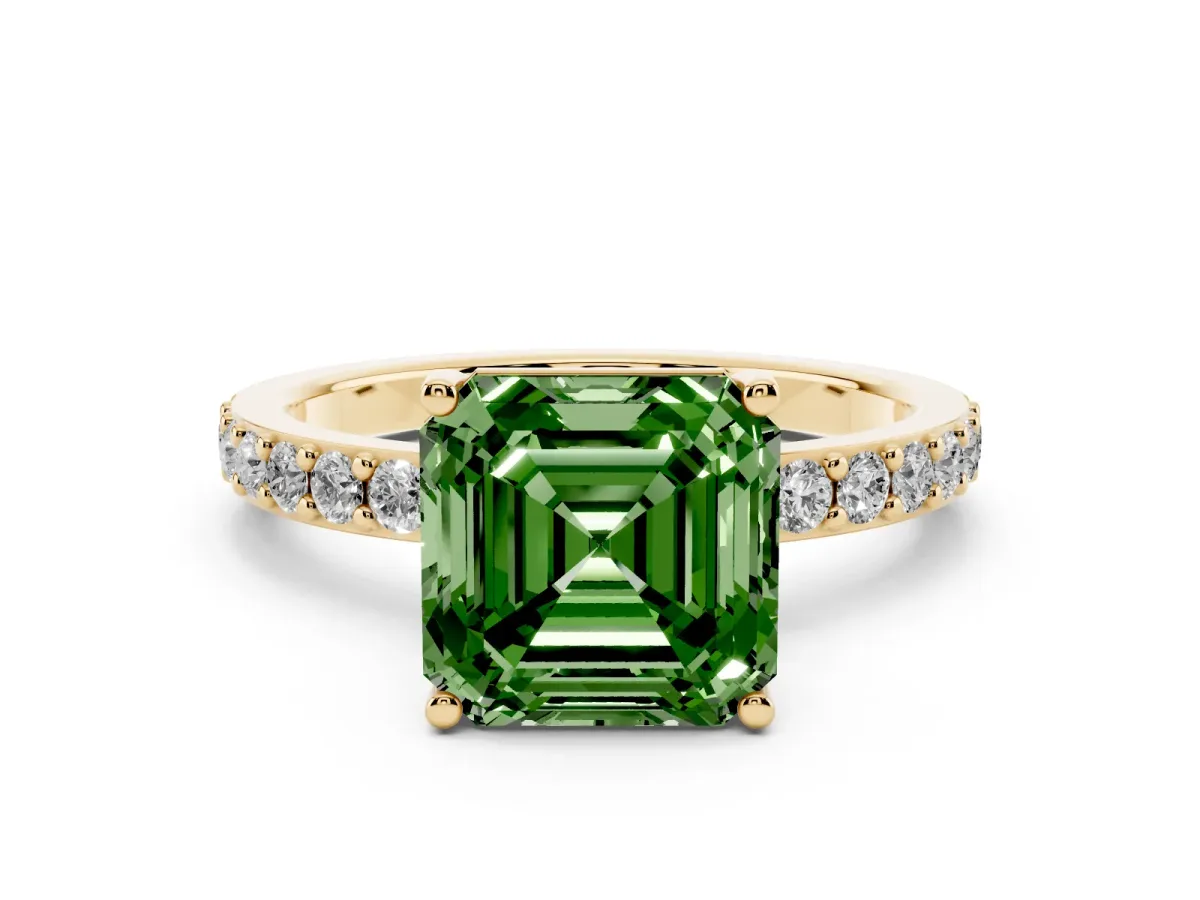 Fancy Green Asscher Cut Cut Diamond Solitaire with Pave Band and Four-Prong Setting Yellow gold