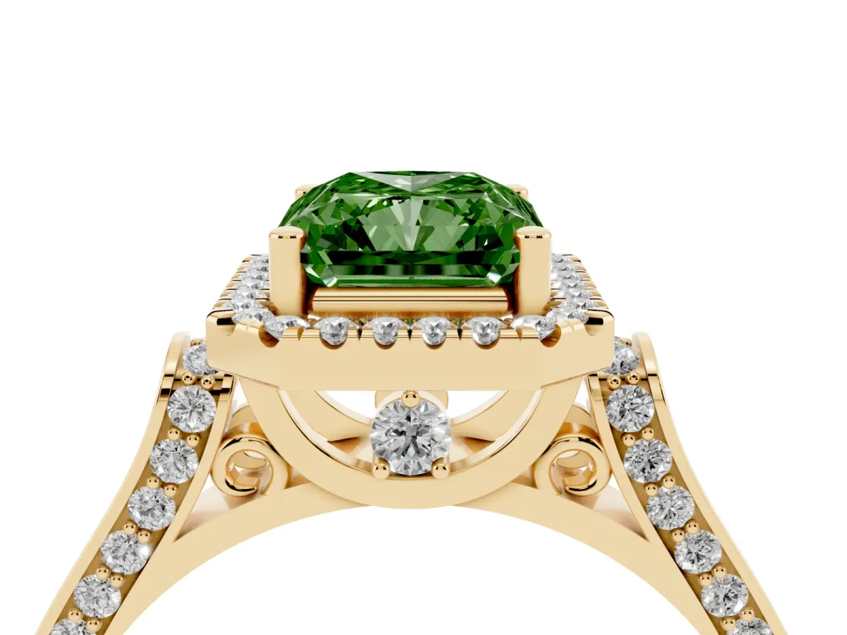 Fancy Green Radiant Cut Halo Pave Split Shank Prong Setting Ring Yellow gold