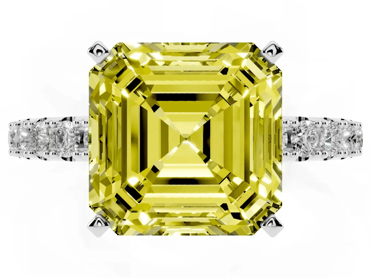 Fancy Yellow Asscher Cut Diamond Solitaire Pavé Band with Four-Prong Setting Silver