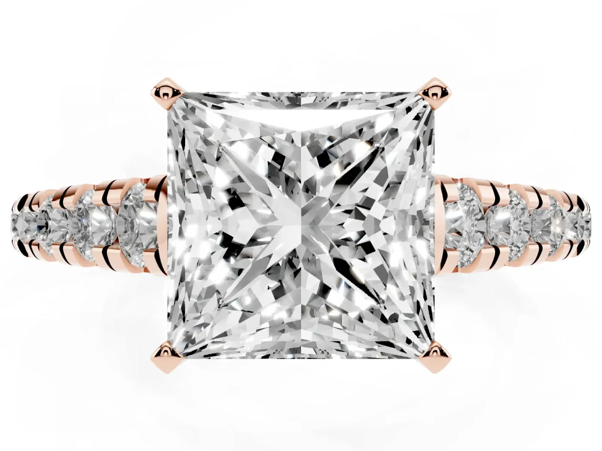 Princess Cut Diamond Cathedral Solitaire Ring with Round Pavé Band Rose gold