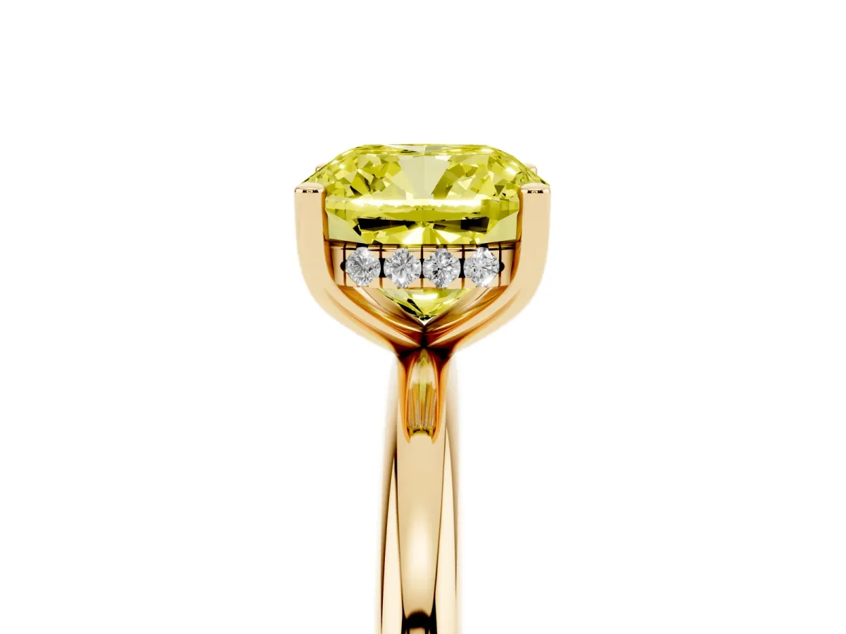 Fancy Yellow Cushion Cut Cut Solitaire Engagement Ring with Four-Prong Setting and Classic Band Yellow gold
