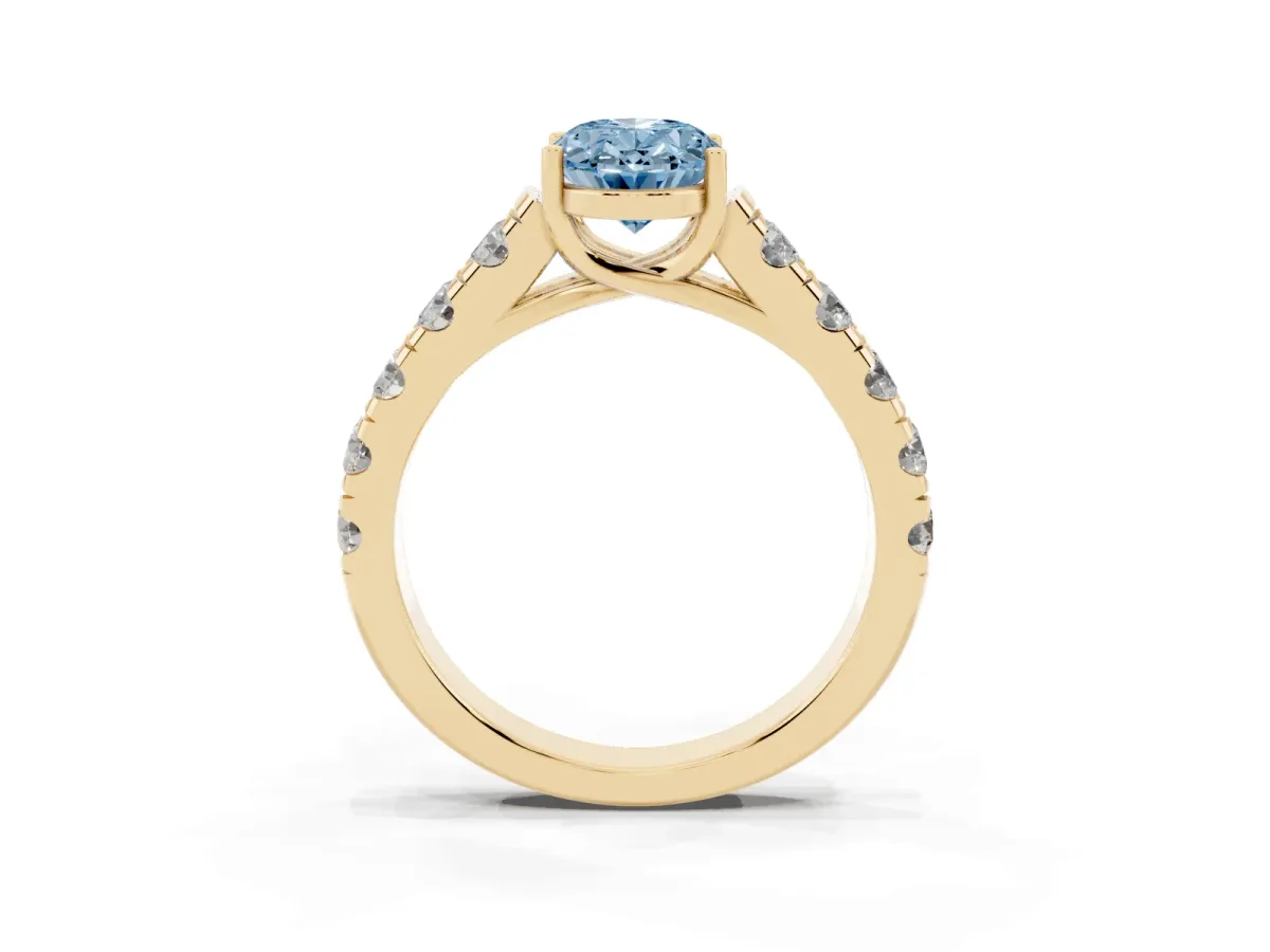 Fancy Blue Oval Cut Cut Diamond Solitaire Ring with Micro Pave Band and Prong Setting Yellow gold