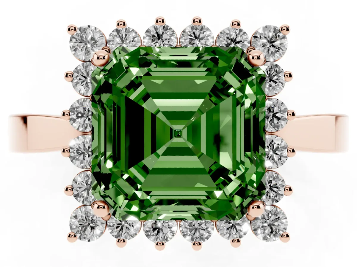 Fancy Green Asscher Cut Cut Diamond Halo Ring with Round Brilliant Halo and Solitaire Band Rose gold