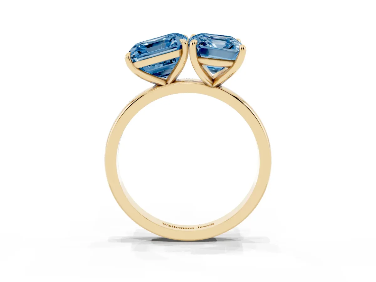 Fancy Blue Asscher Cut and Emerald Cut Toi Moi Ring with Prong Setting Yellow gold