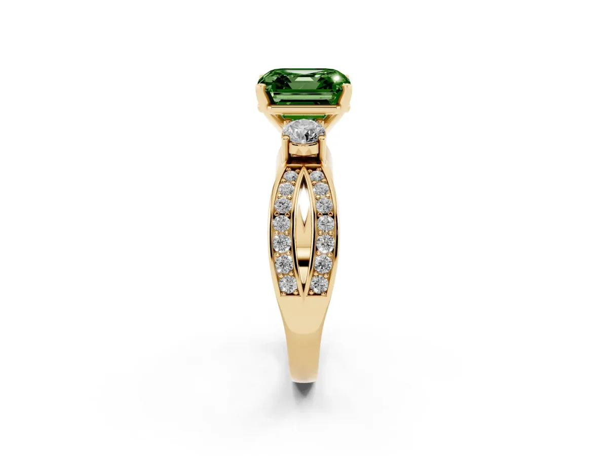 Fancy Green Three-Stone Asscher Cut Cut Diamond Twist Band with Prong Setting Yellow gold