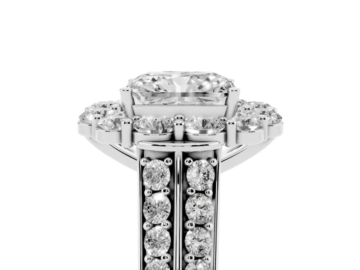 Radiant Cut Halo Diamond Engagement Ring with Split Shank and Prong Setting Silver