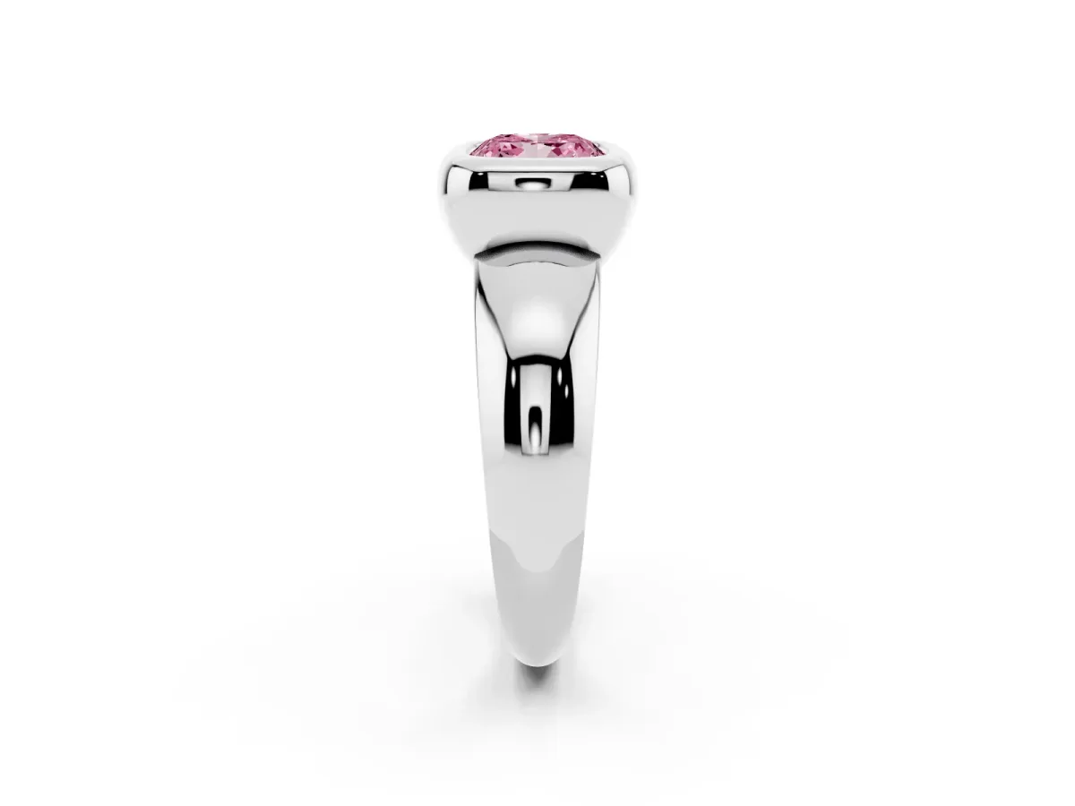 Fancy Pink Bezel Set Cushion Cut Solitaire Ring with Wide Band Silver