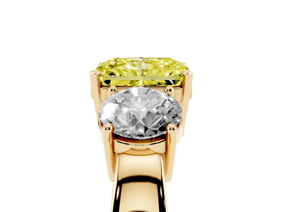 Fancy Yellow Three-Stone Radiant Cut Diamond Ring with Round Side Stones, Classic Band, and Four-Prong Setting Yellow gold