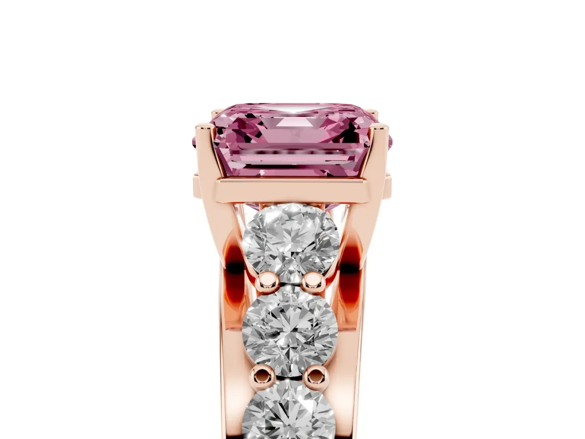 Fancy Pink Asscher Cut Diamond Engagement Ring with Pavé Band and Four-Prong Setting Rose gold