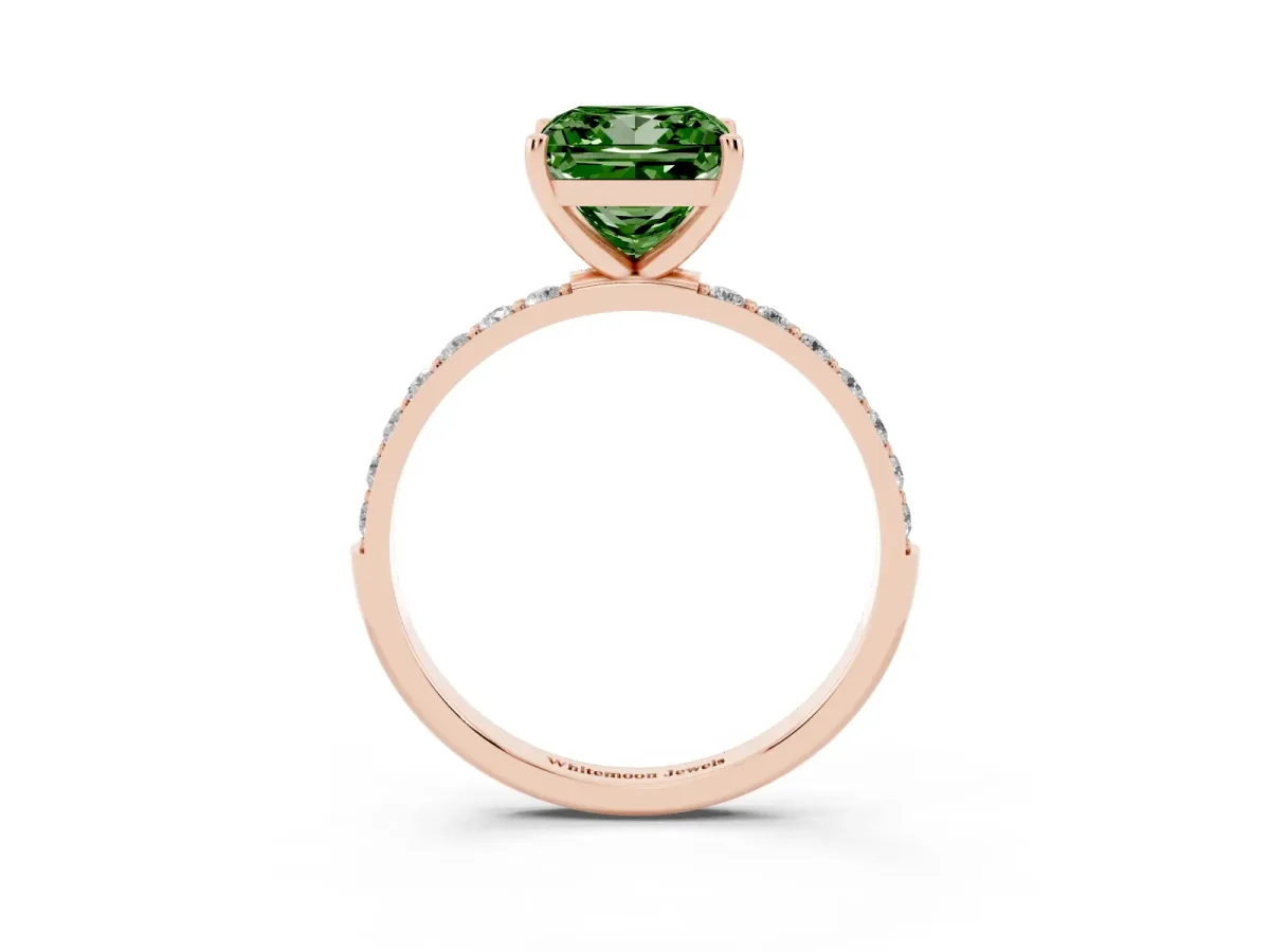 Fancy Green Princess Cut Diamond Solitaire Ring with Round Pavé Shoulders and Prong Setting Rose gold