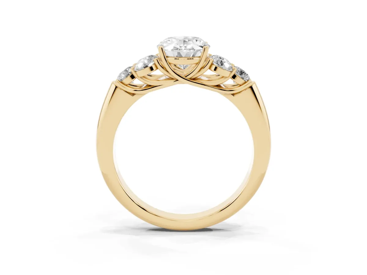 Oval Cut Cut Diamond Cluster Ring with Round Accent Stones and Prong Setting on a Classic Band Yellow gold