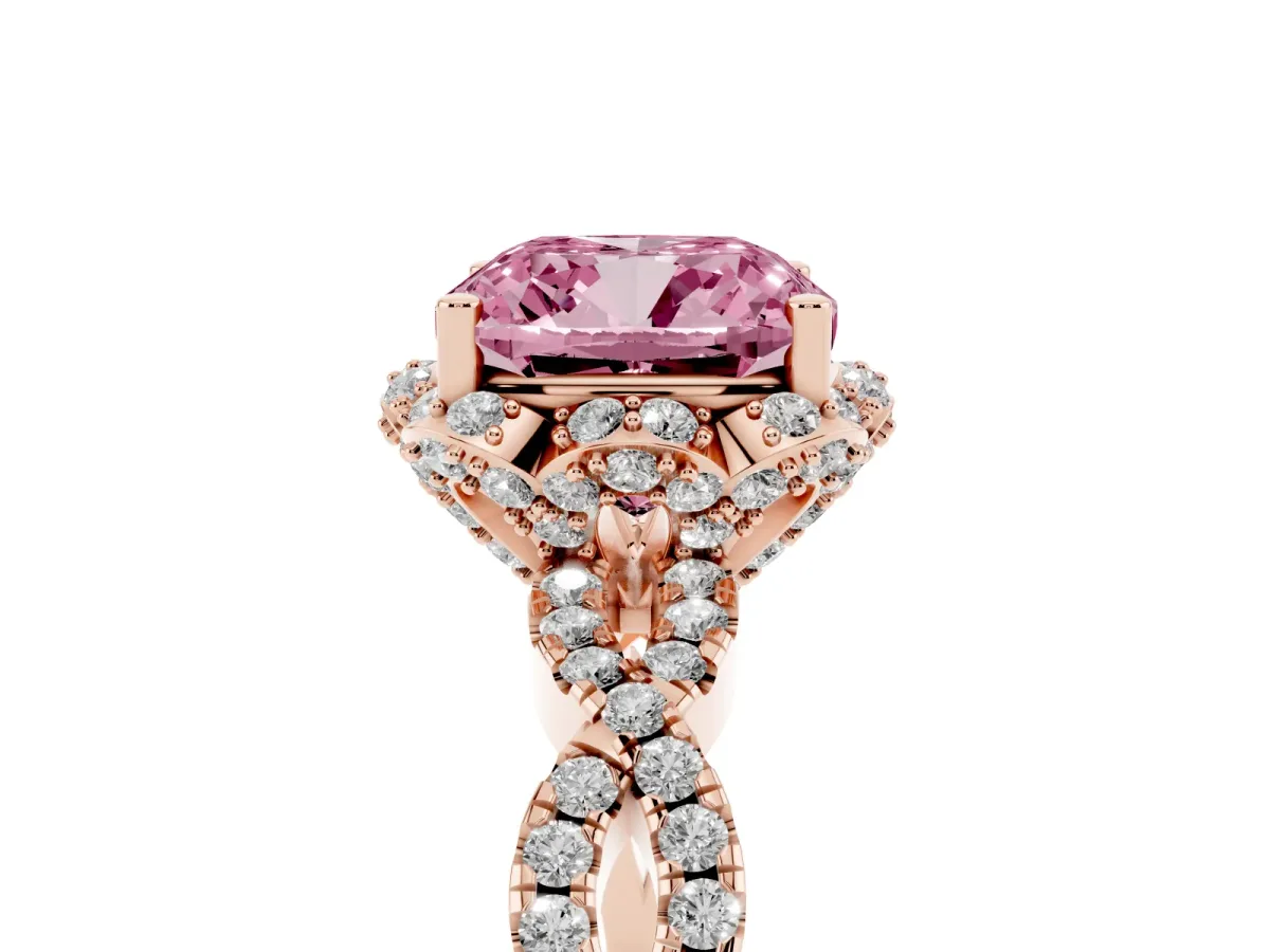 Fancy Pink Cushion Cut Halo Twist Band Solitaire Ring with Six-Prong Setting Rose gold