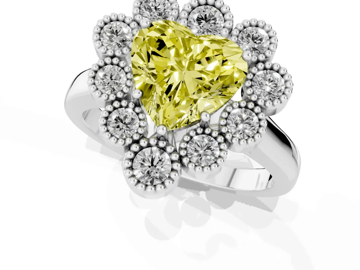 Fancy Yellow Heart Cut Halo Diamond Cluster Engagement Ring with Milgrain Bezel Setting and Solitaire Band Silver