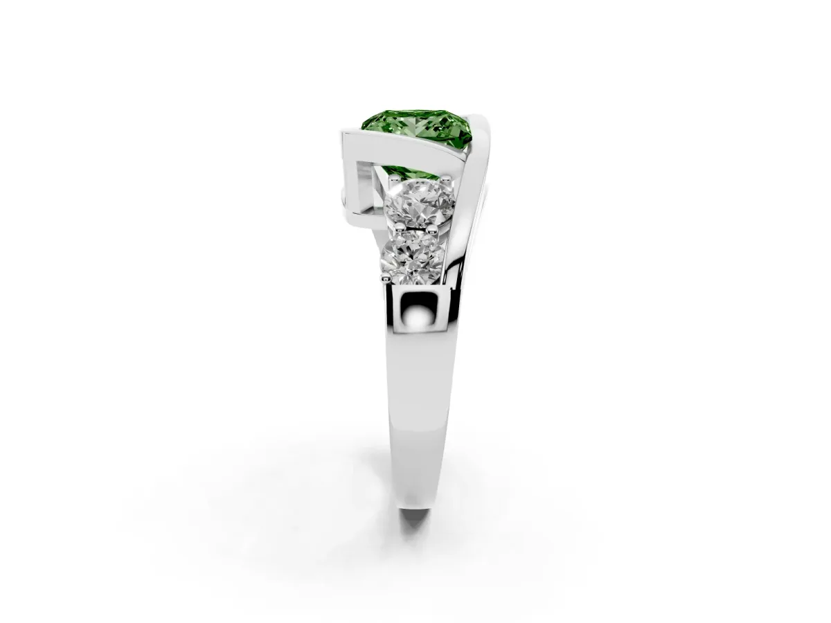Fancy Green Bezel Set Princess Cut Diamond Bypass Ring with Round Accents Silver