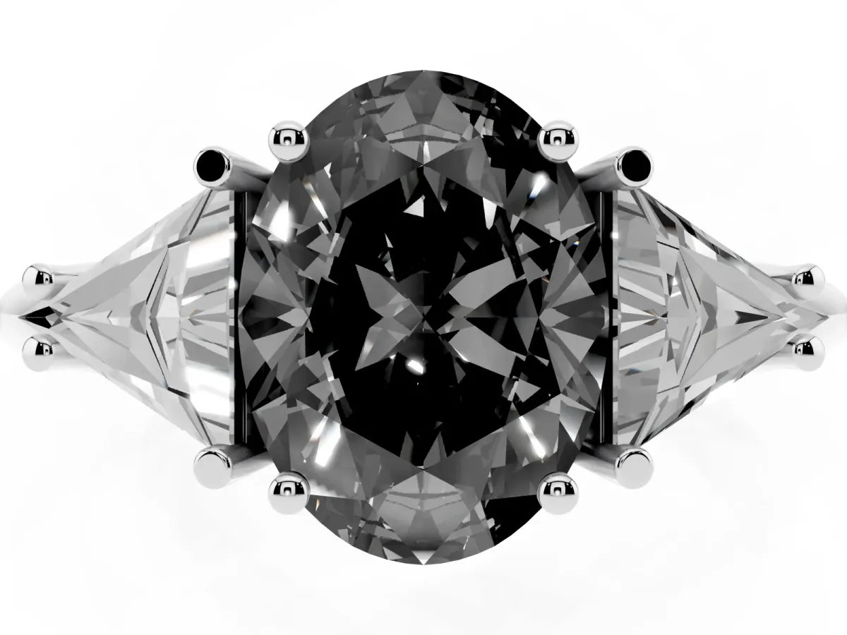 Fancy Black Three-Stone Oval Cut Diamond Engagement Ring with Trillion Side Stones and Prong Setting Silver