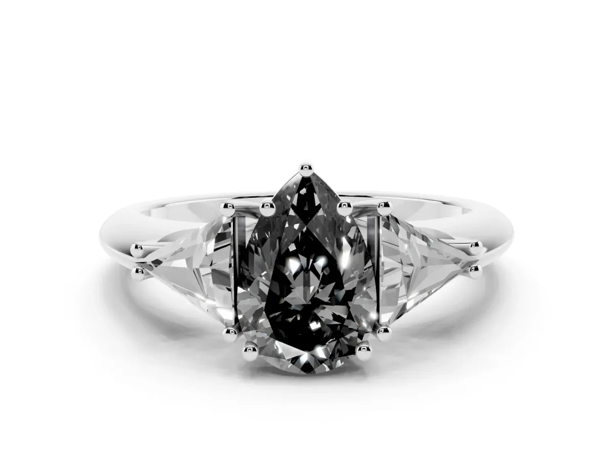 Fancy Black Three-Stone Pear Cut Diamond Engagement Ring with Trillion Side Stones and Prong Setting Silver