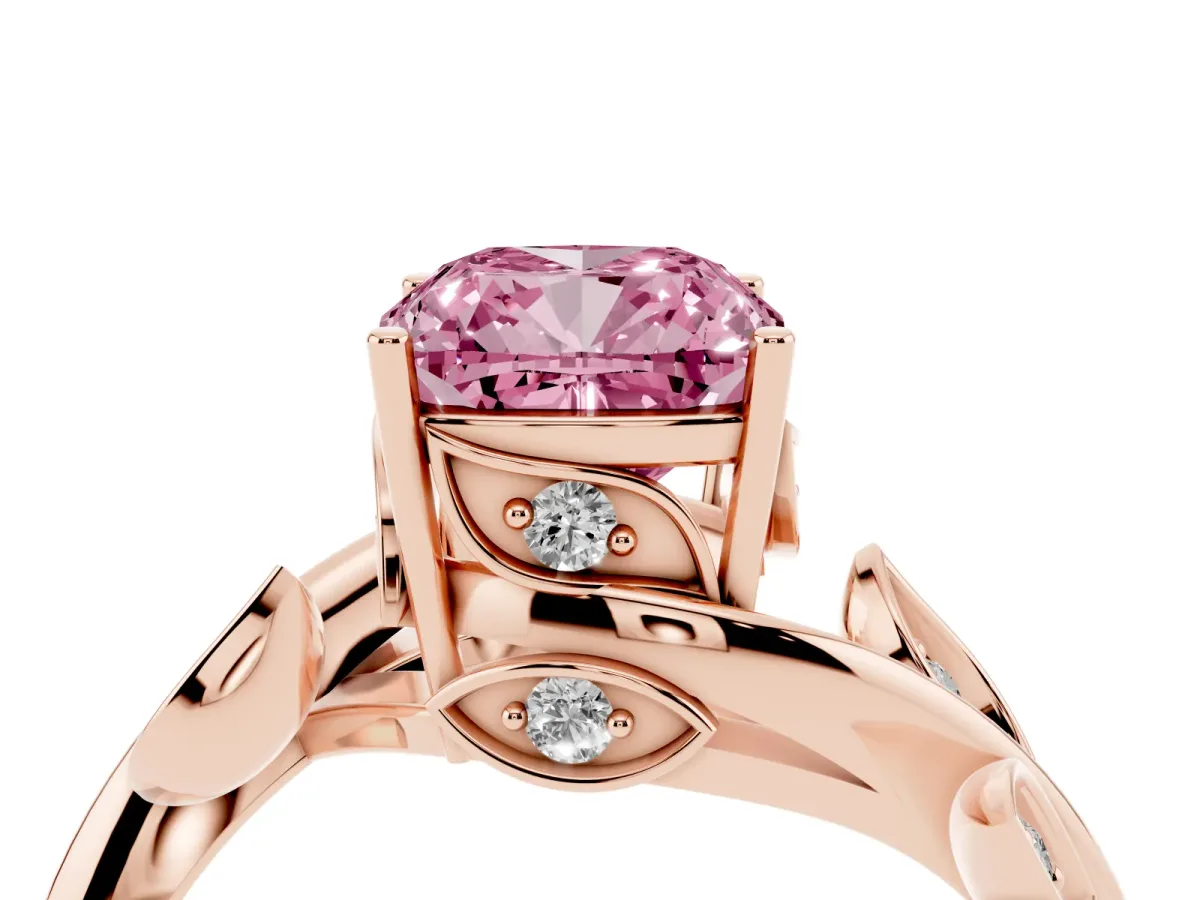 Fancy Pink Cushion Cut Solitaire Twist Engagement Ring with Leaf Accents and Prong Setting Rose gold