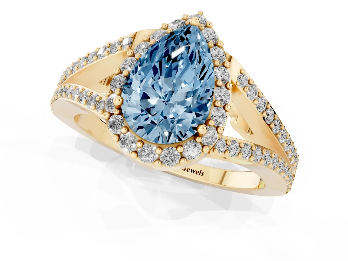 Fancy Blue Pear Cut Halo Split Shank Diamond Ring with Prong Setting Yellow gold