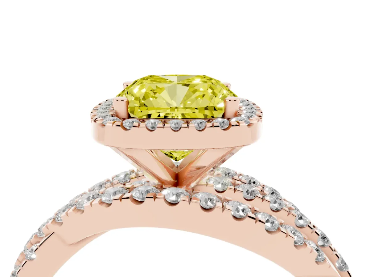 Fancy Yellow Cushion Cut Diamond Halo Ring with Round Split Shank and Prong Setting Rose gold