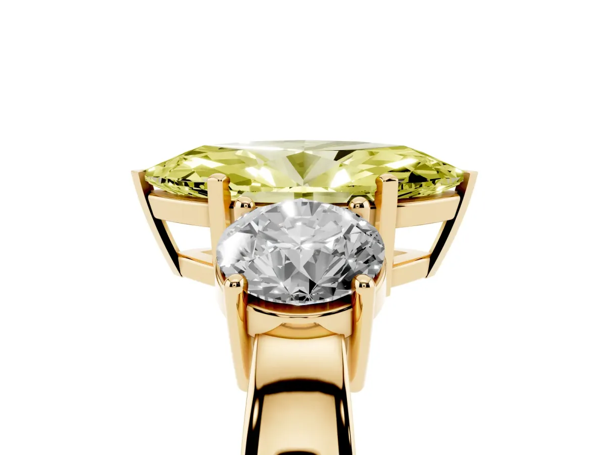 Fancy Yellow Three-Stone Marquise Cut Diamond Ring with Round Side Stones, Classic Band, and Four-Prong Setting Yellow gold