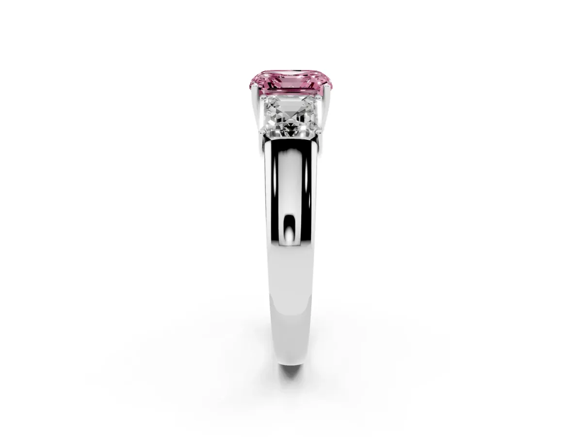 Fancy Pink Three-Stone Asscher Cut Cut Diamond Ring with Prong Setting and Classic Band Silver