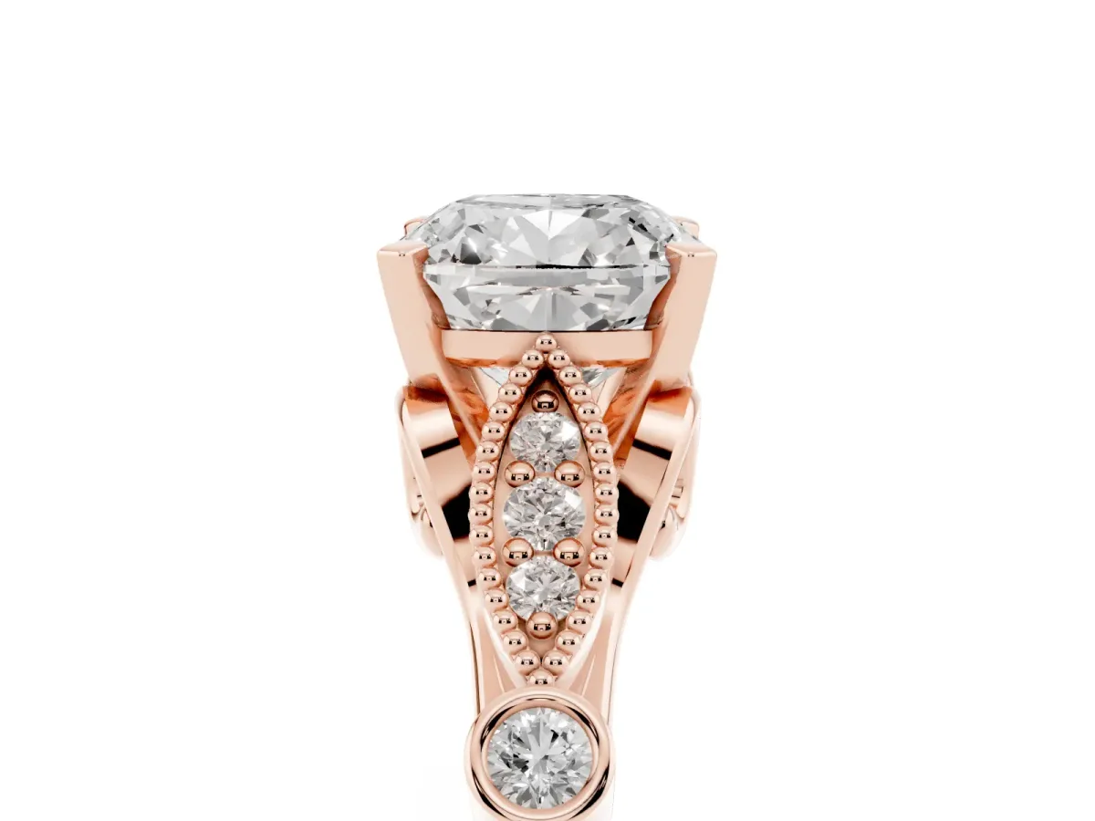 Cushion Cut Cut Diamond with Milgrain Marquise and Bezel Accents on a Solitaire Band with Prong Setting Rose gold