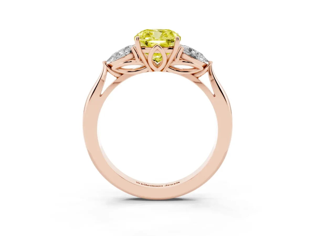 Fancy Yellow Cushion Cut Diamond Three-Stone Ring with Pear Side Stones and Prong Setting Rose gold