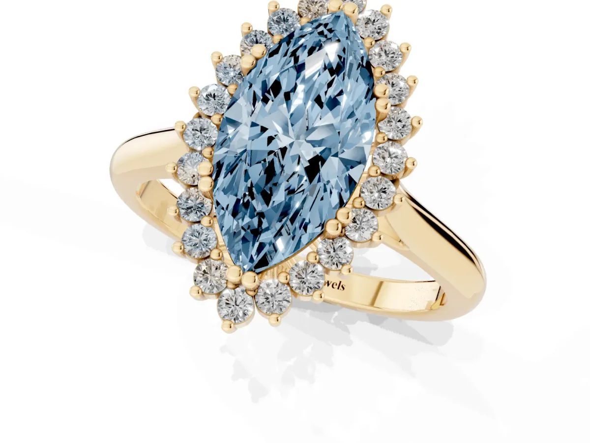 Fancy Blue Marquise Cut Cut Diamond Halo Ring with Solitaire Band and Prong Setting Yellow gold