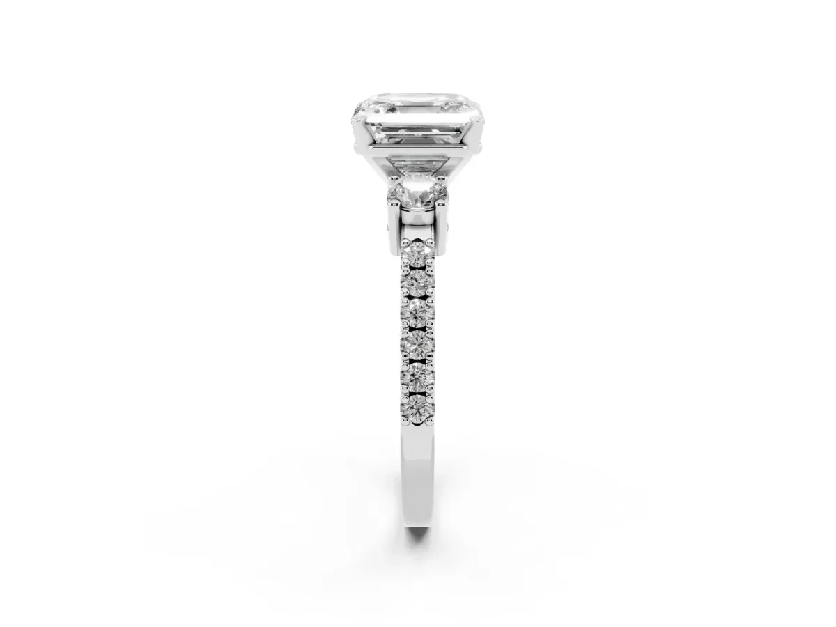 Asscher Cut Three-Stone Diamond Pavé Band with Prong Setting Platinum