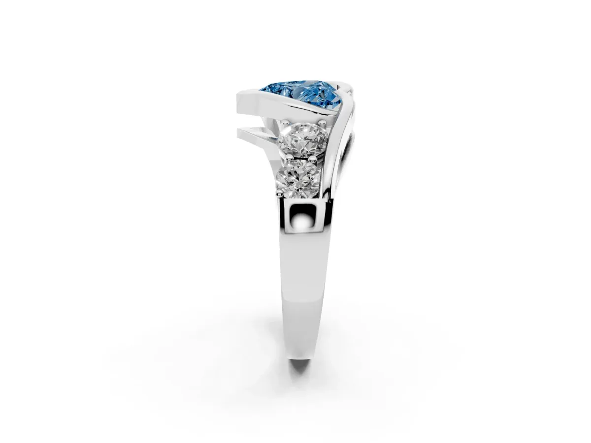 Fancy Blue Bezel Set Heart Cut Diamond Bypass Ring with Round Accents Platinum