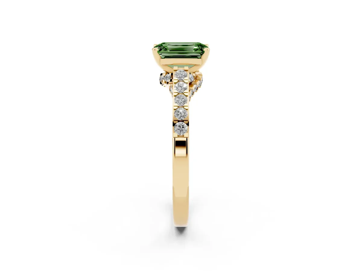 Fancy Green Emerald Cut Diamond Solitaire Ring with Crossover Gallery and Round Pavé Band Yellow gold