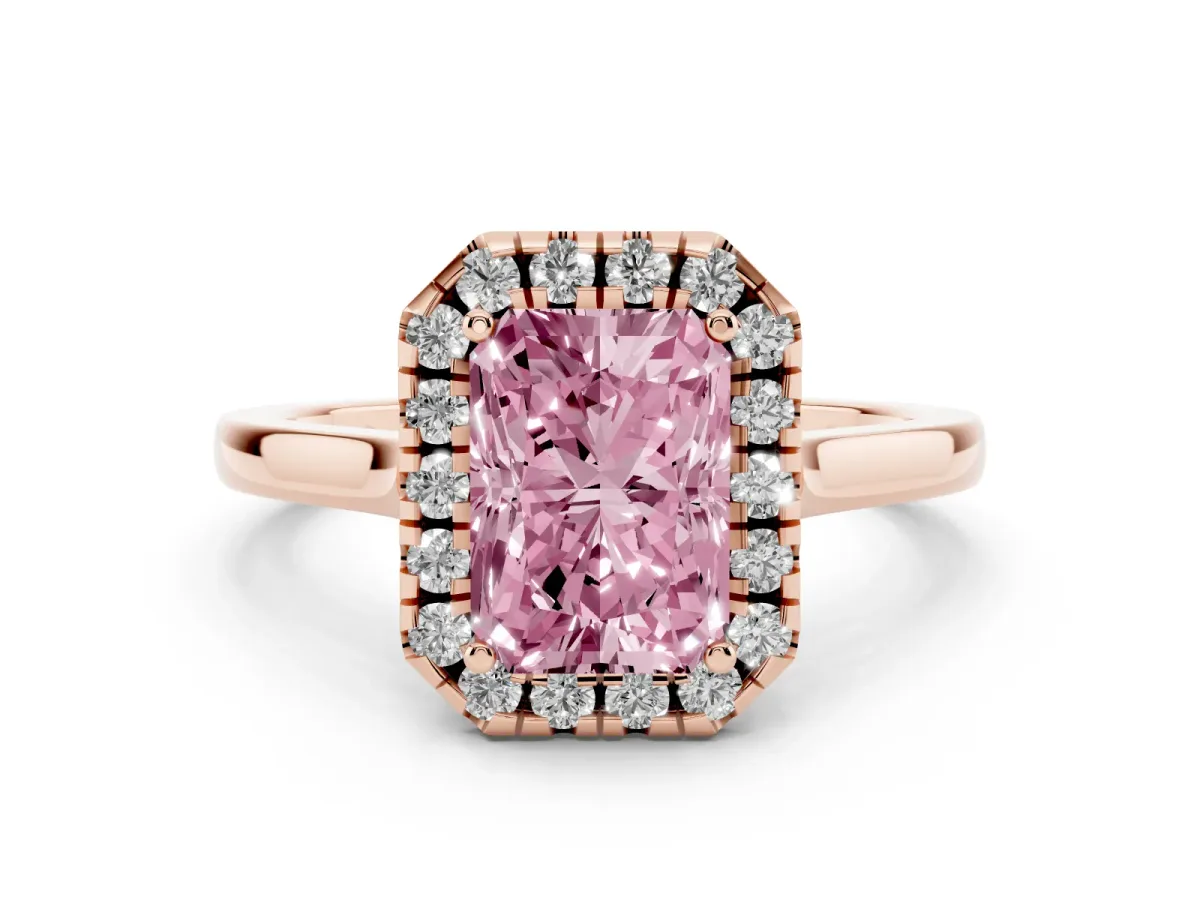 Fancy Pink Radiant Cut Halo Round Diamond Solitaire Ring with Pavé Band and Four-Prong Setting Rose gold