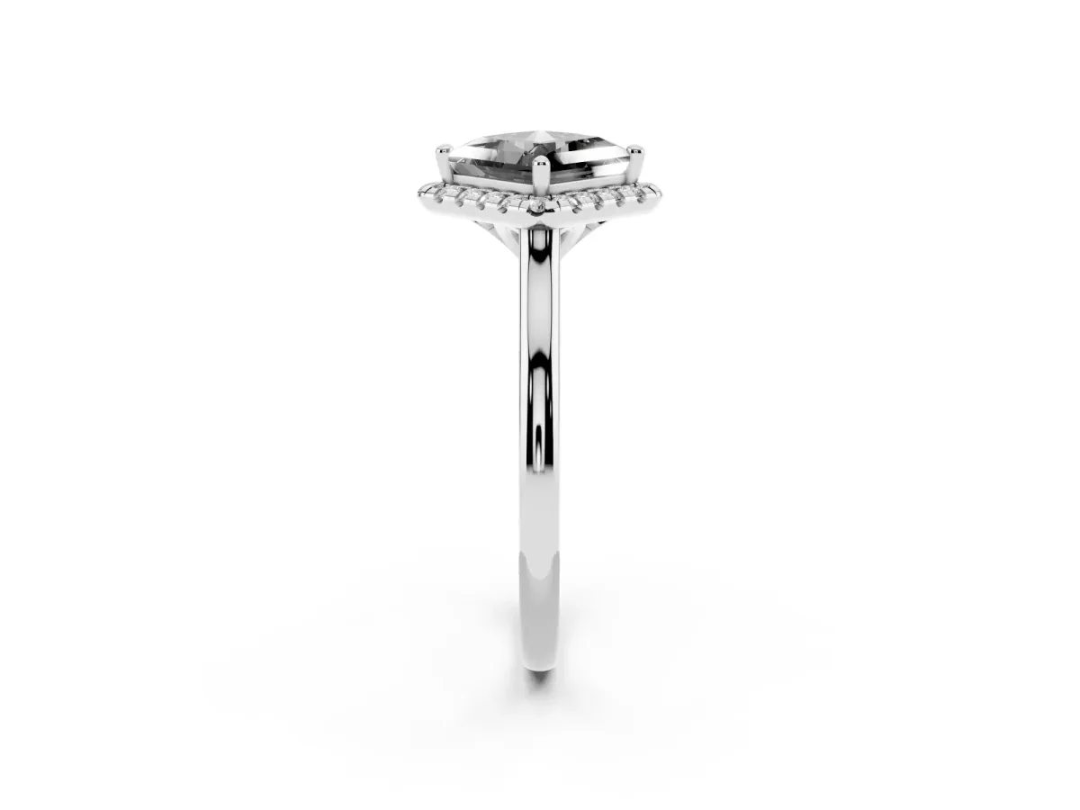 Fancy Black Princess Cut Halo Round Diamond Solitaire Engagement Ring with Pave Band and Four-Prong Setting White gold