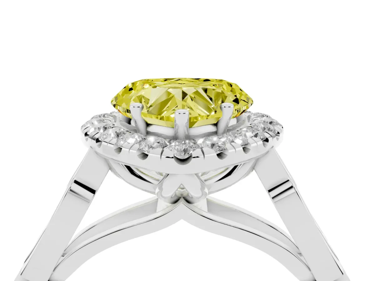 Fancy Yellow Heart Cut Halo Diamond Engagement Ring with Filigree Band and Four-Prong Setting Silver