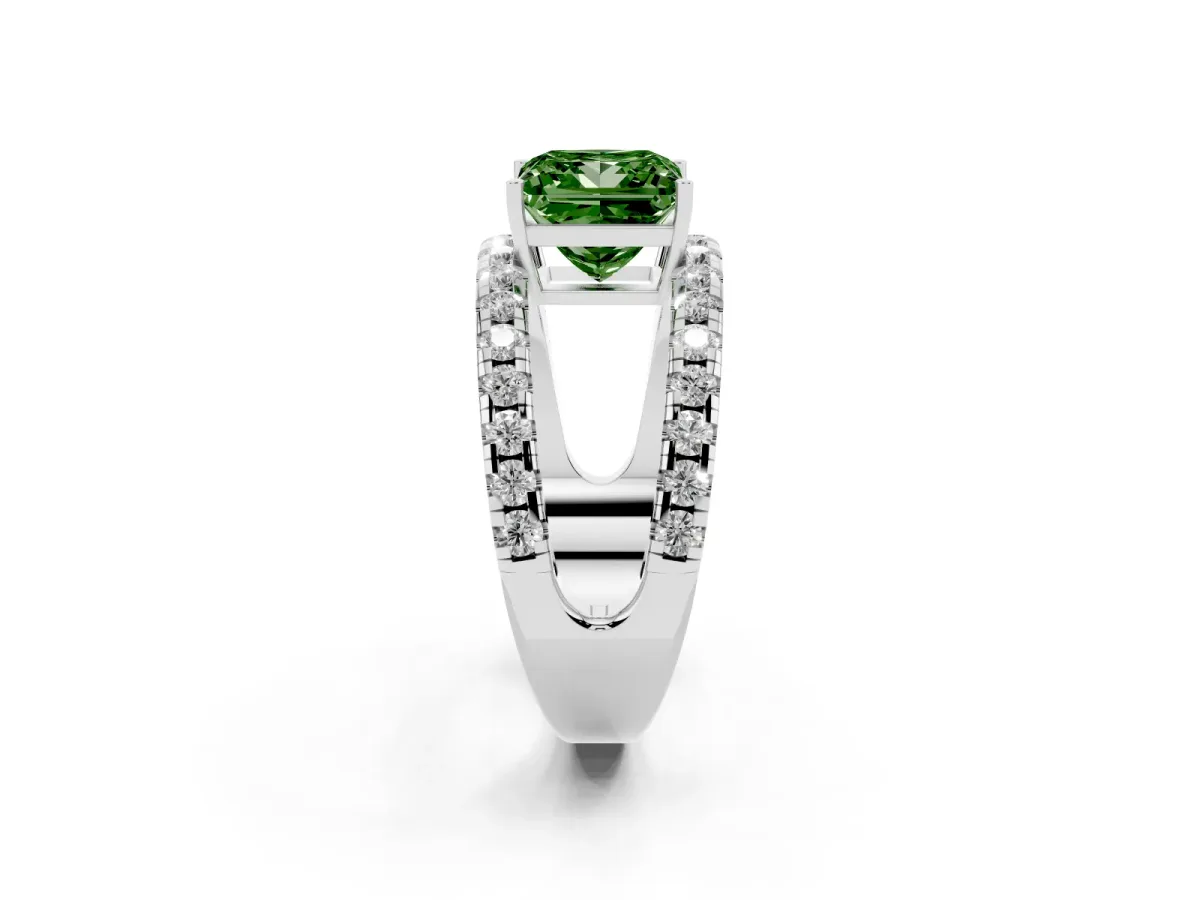 Fancy Green Princess Cut Solitaire Split Shank Pave Diamond Ring Platinum