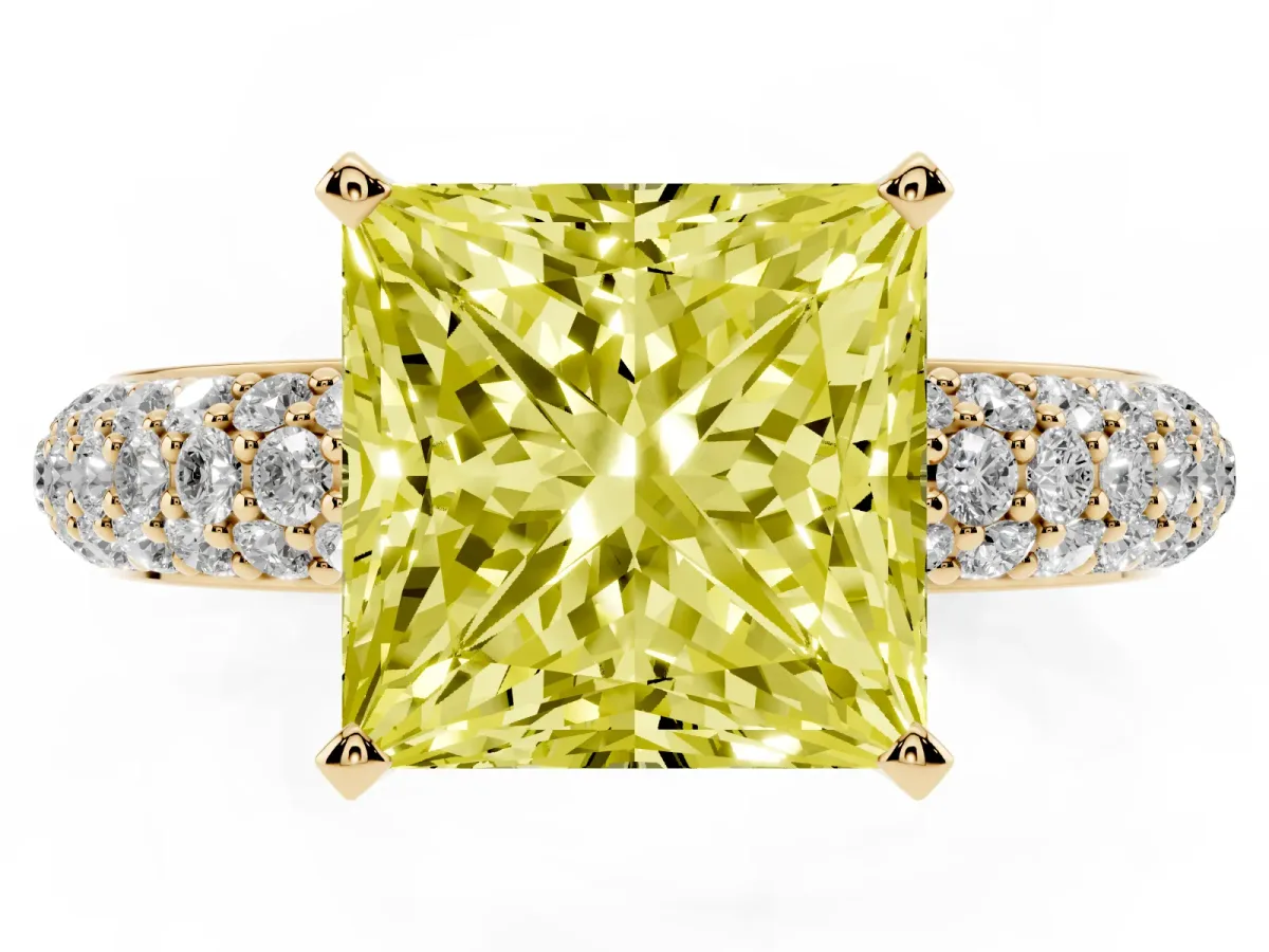 Fancy Yellow Princess Cut Diamond Solitaire Ring with Prong Setting and Pavé Band Yellow gold