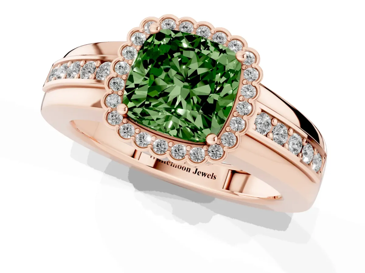 Fancy Green Cushion Cut Cut Halo Pave Band Four-Prong Ring Rose gold