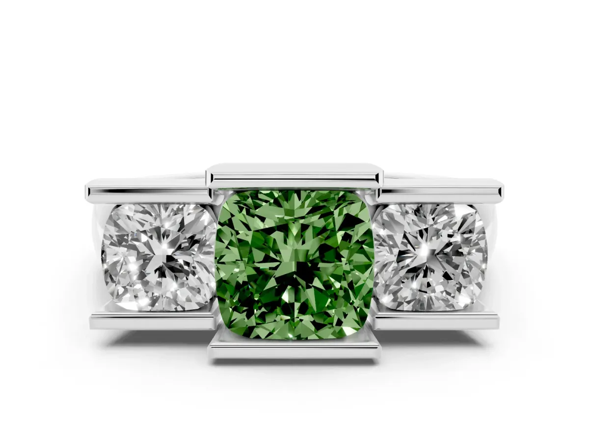 Fancy Green Three Stone Cushion Cut Cut Channel Set Diamond Ring Silver